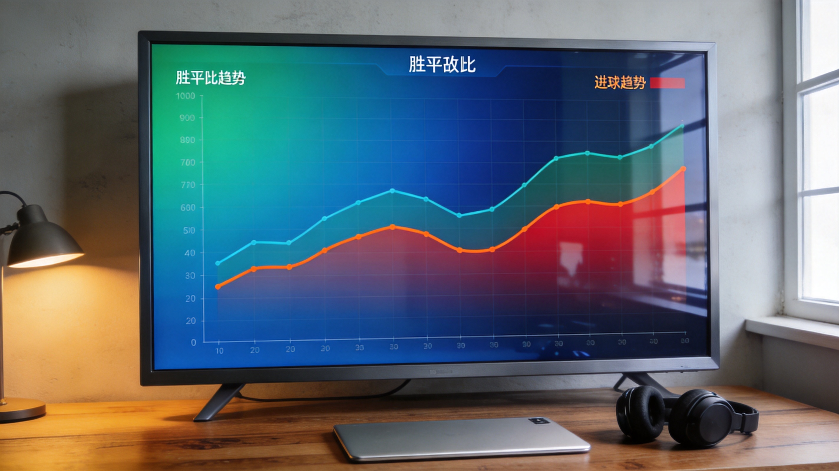 体育数据可视化屏幕显示趋势曲线与统计图表，用于赛事数据参考分析